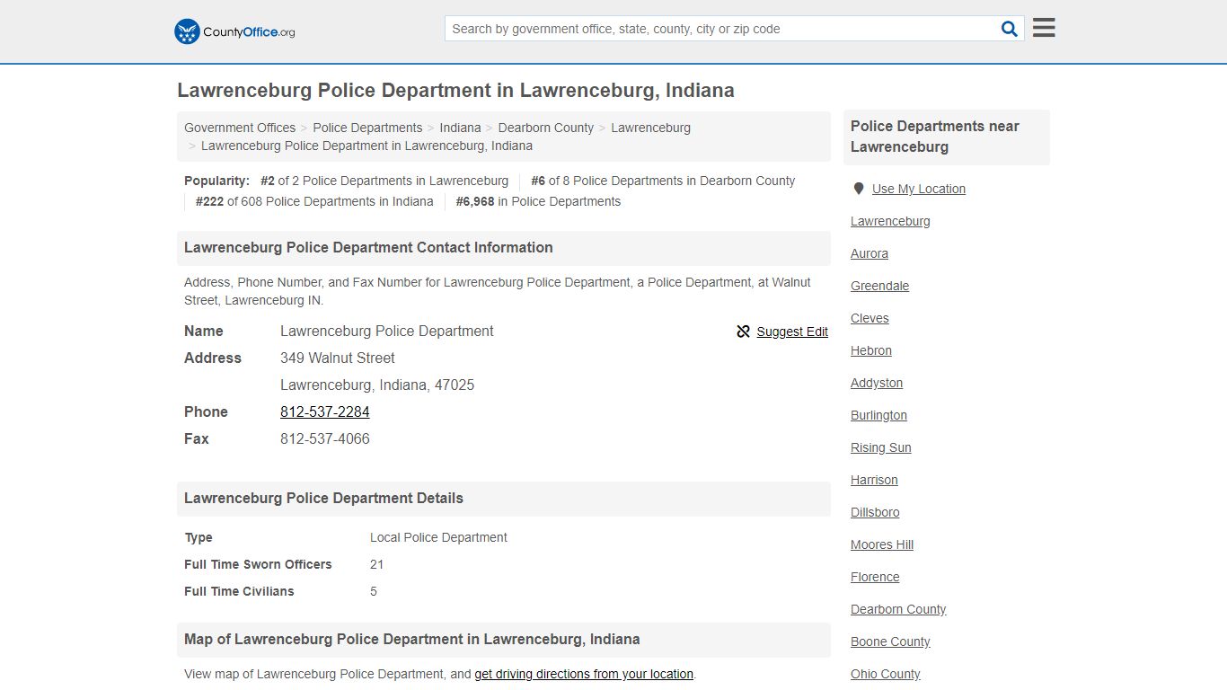 Lawrenceburg Police Department in Lawrenceburg, Indiana - County Office